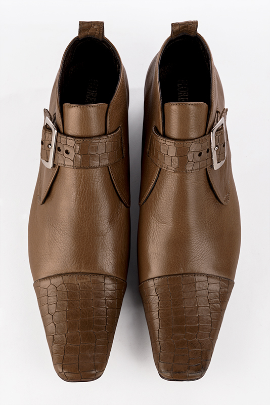 Caramel brown dress ankle boots for men. Square toe. Flat leather soles. Top view - Florence KOOIJMAN